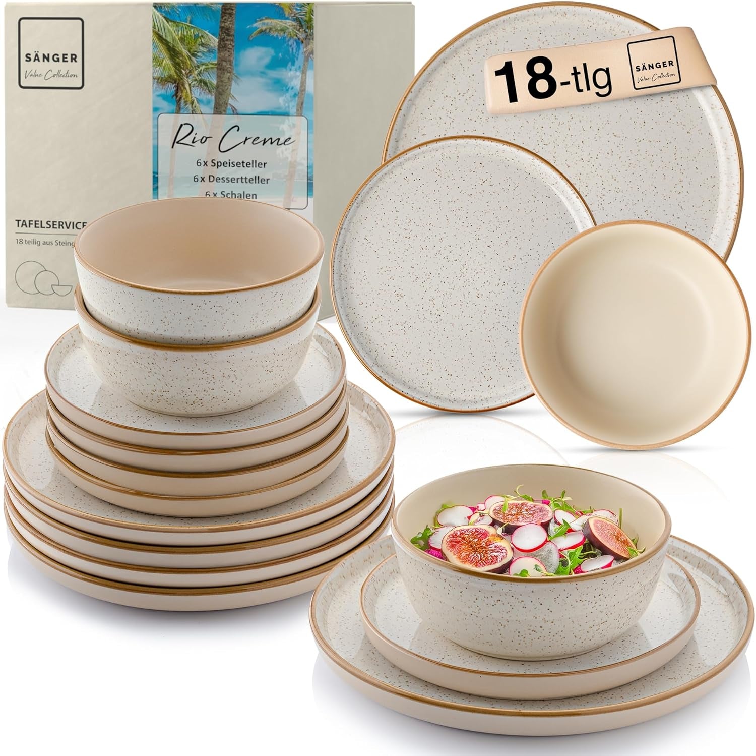SÄNGER Rio Crème | Service de table en grès 18 pièces pour 6 personnes, comprenant 6 assiettes plates, 6 assiettes à dessert et 6 bols | LA COLLECTION VALEUR