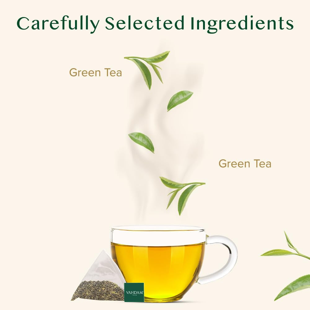 VAHDAM, ceai verde din Himalaya (30 pliculețe de ceai piramidale) 100% pur și aromat | Ceai verde natural cu frunze întregi | Proaspăt și direct de la sursa din India | Se prepară fierbinte sau rece