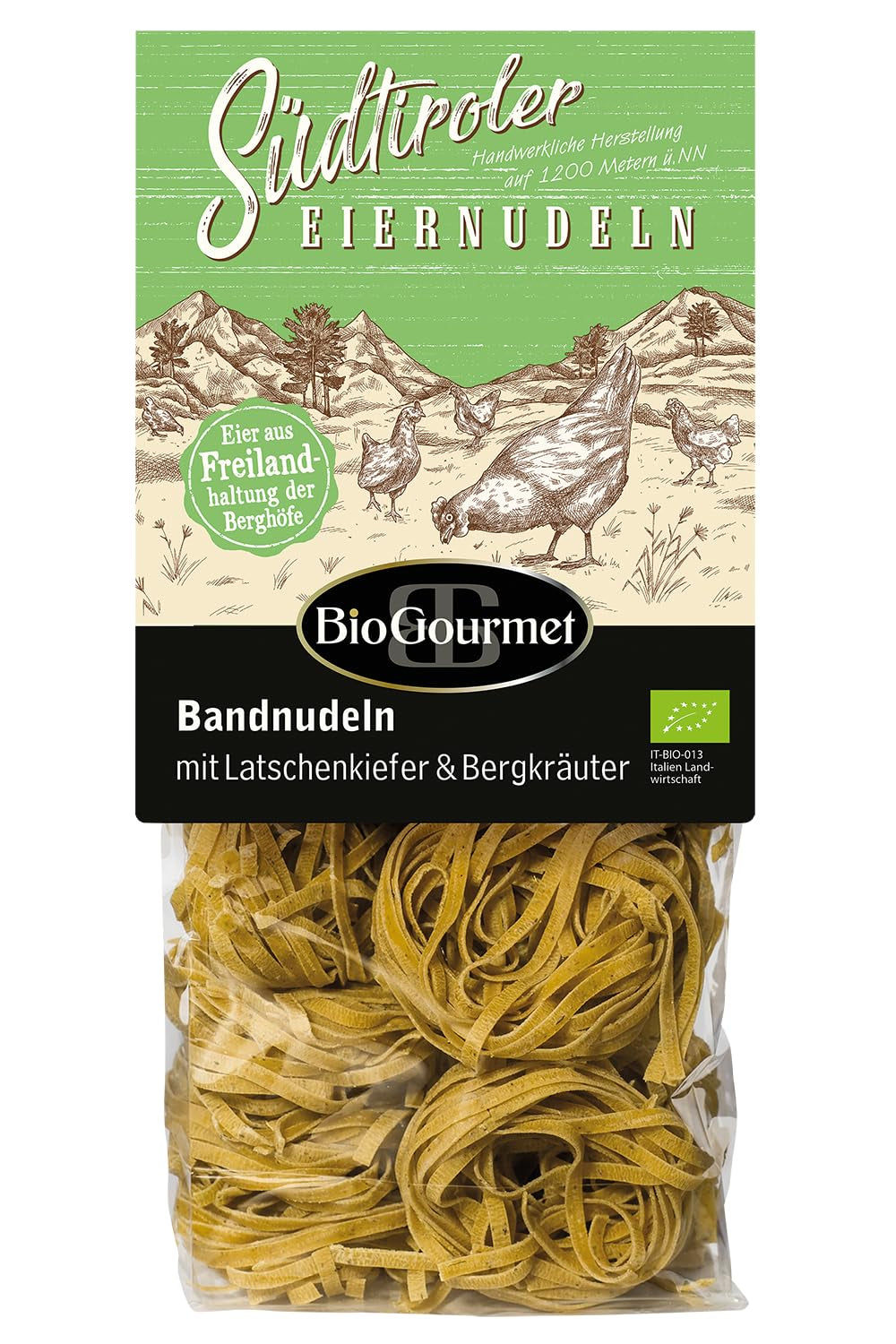 Nouilles en ruban BioGourmet au Schüttelbrot du Tyrol du Sud (IGP) | Nouilles aux œufs salées et aromatisées au véritable speck du Tyrol du Sud | 1 x 250g Bio
