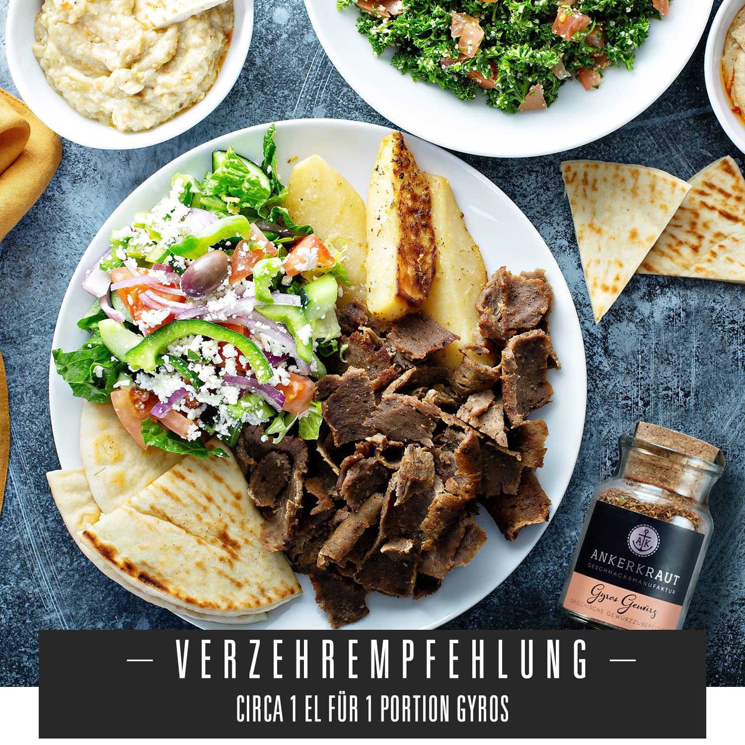 Ankerkraut Gyros, Gewürzmischung für Gyros, également sur la Pfanne ou sur le Grill, avec Zwiebel, Knoblauch, Marjolaine, Cumin, Piment et plus, 80 g dans Korkenglas