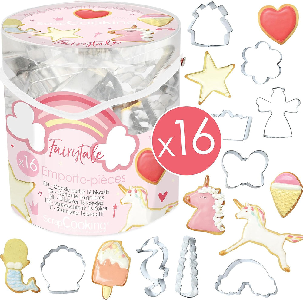 ScrapCooking - Lot de 16 emporte-pièces Licorne - Emporte-pièces - 16 pièces - Arc-en-ciel, Fée, Sirène, Couronne, Fleur - Moule à pâtisserie - Emporte-pièces en acier inoxydable - 2027