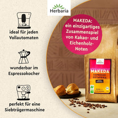 Herbaria MAKEDA Organic Espresso Whole Beans 1Kg - Naturland Fair Certified din Africa de Est - Arome prăjite cu cacao și note de lemn de stejar - boabe de cafea organice perfecte pentru filtre portabile și mașini automate de cafea Cafea Naty Shop