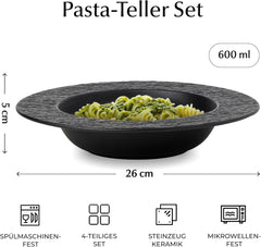 MIAMIO - Lot de 4 assiettes à pâtes de 26 cm de grande profondeur, vaisselle moderne en céramique noire et blanche, passe au micro-ondes et au lave-vaisselle – Collection Oasis (Noir)