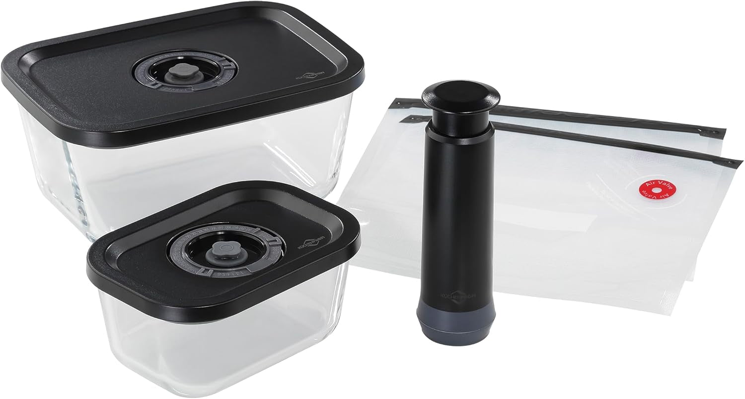 Ensemble sous vide Küchenprofi EASYFRESH | Ensemble de 7 pièces | 1x pompe à vide électrique, 1x pot sous vide S, M et L, 3x sacs sous vide 22x21 cm | verre borosilicaté, plastique de haute qualité | préparation et conservation Boîtes de conservation des aliments Naty Shop Set aspirateur 5 pièces