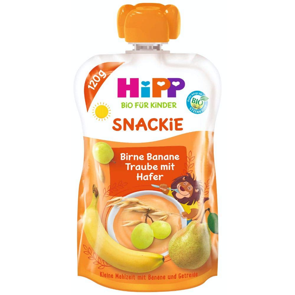 Sachets à presser Hipp, fruits 100% biologiques sans sucre ajouté, 6 X 120 grammes Mère et Enfant Naty Shop 6 x 120 grammes Poire raisins et avoine
