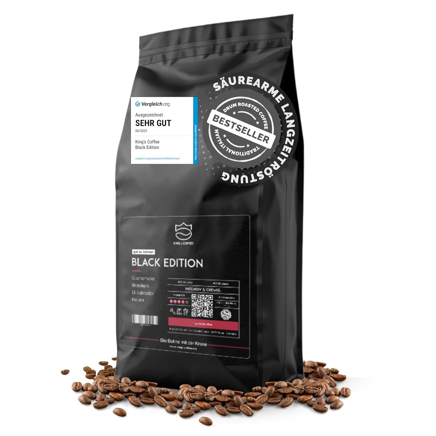KING'S COFFEE - BLACK EDITION - 1 kg de grains de café crème intense - Café à faible acidité - Torréfaction en petits lots d'Italie - Grains d'espresso Arabica forts (mélange) pour machines entièrement automatiques et porte-filtres