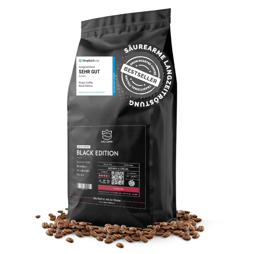 KING'S COFFEE - BLACK EDITION - 1 kg de grains de café crème intense - Café à faible acidité - Torréfaction en petits lots d'Italie - Grains d'espresso Arabica forts (mélange) pour machines entièrement automatiques et porte-filtres