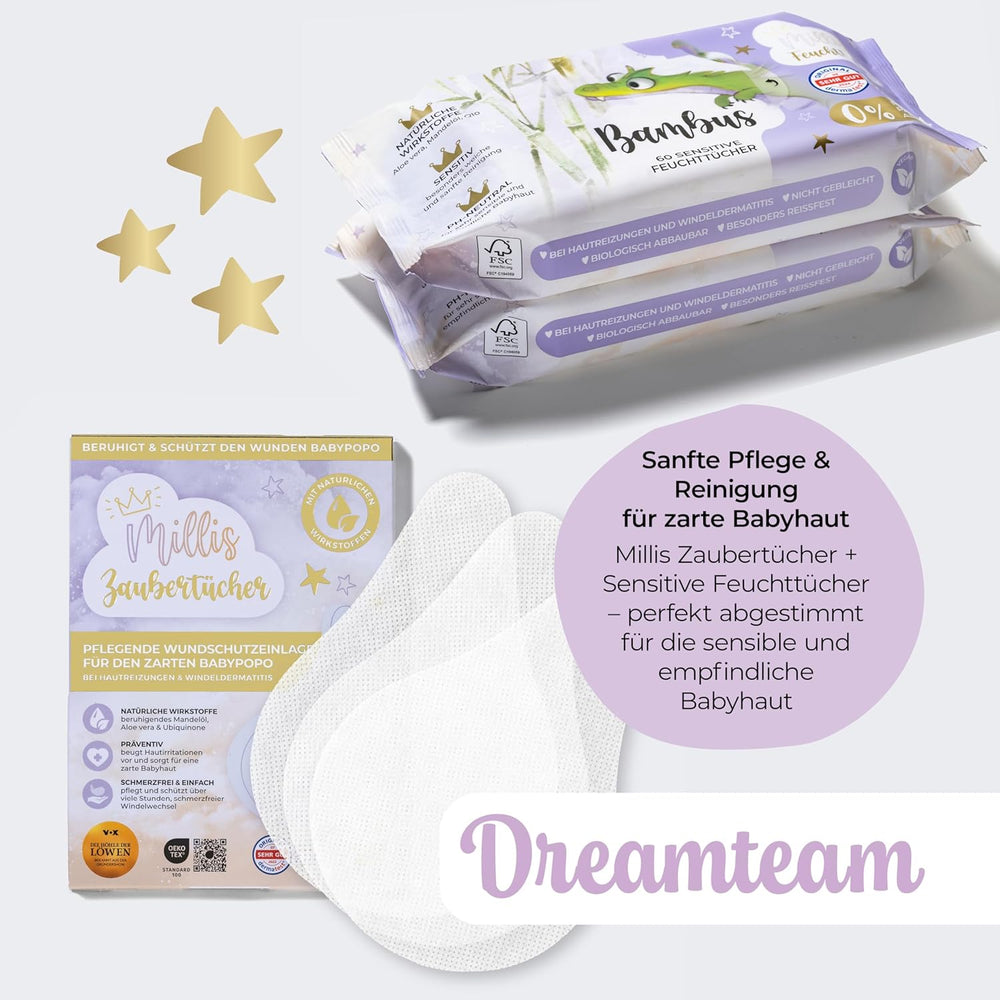 Millis Zaubertücher bei Windeldermatitis Baby, Bekannt aus "Die Höhle der Löwen", 25 Tücher (1 x 25er) mit Aloe Vera, Mandelöl & Q10 - Pflegt, Schützt & dient als Wundschutz bei gereizter Haut