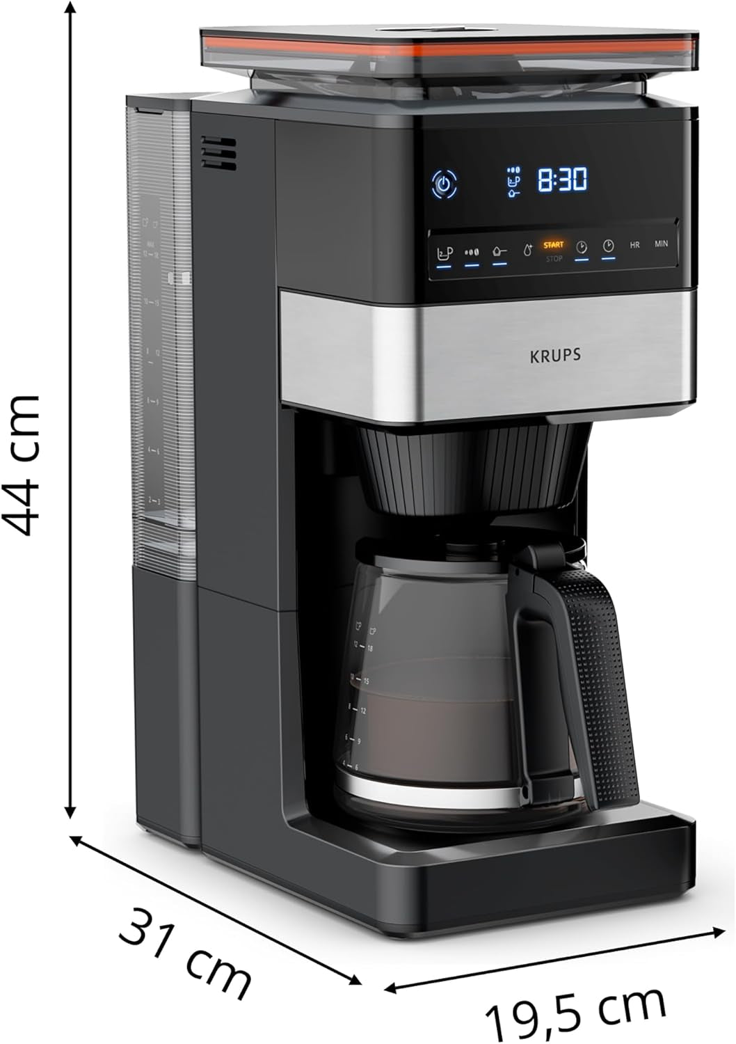 KRUPS Grind Aroma XL Machine à expresso, broyeur conique amovible, panneau de commande numérique, capacité XL (1,5 L), fonction maintien au chaud, carafe en verre, noir/acier inoxydable, KM842810