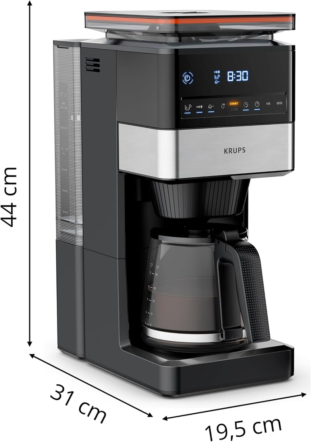 KRUPS Grind Aroma XL Machine à expresso, broyeur conique amovible, panneau de commande numérique, capacité XL (1,5 L), fonction maintien au chaud, carafe en verre, noir/acier inoxydable, KM842810