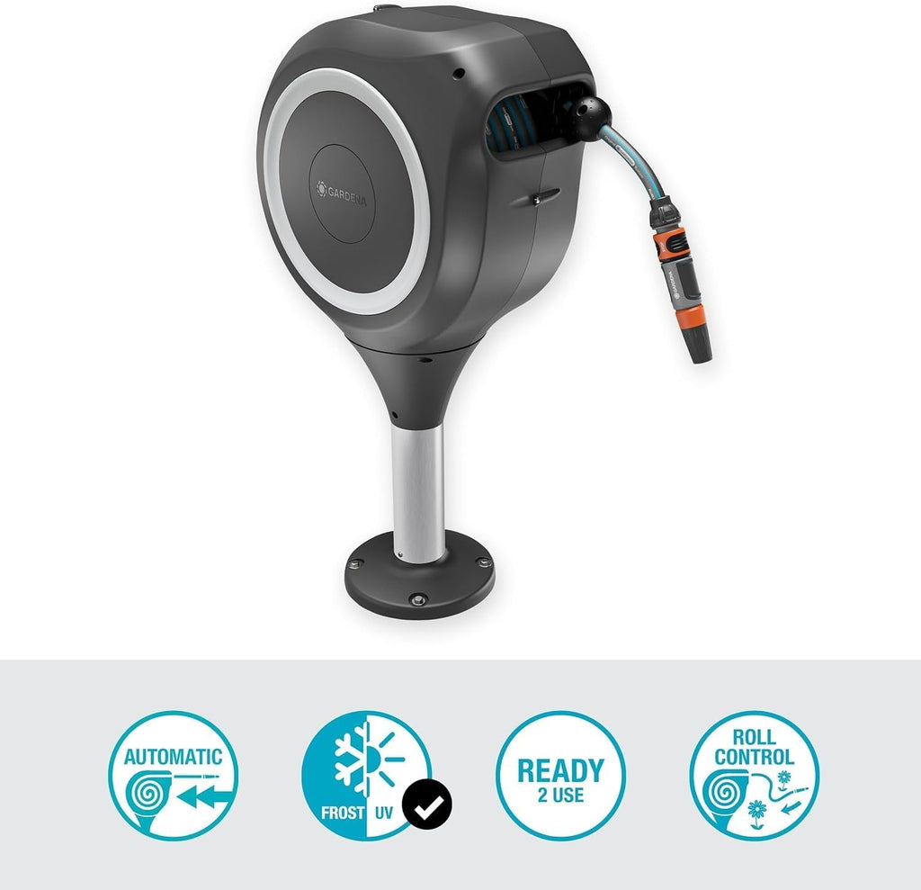 Cutie furtun terasă Gardena RollUp M: Cutie rezistentă la intemperii cu tehnologie de rulare și furtun de 20 m, pentru udarea grădinilor de dimensiuni medii cu terasă, înfășurare automată, albă (18615-20)