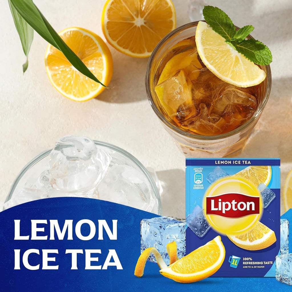 Set de ceai rece Lipton, „Lămâie”, răcoritoare pentru întreaga familie, 18 pliculețe, sub formă de pulbere pentru preparare acasă