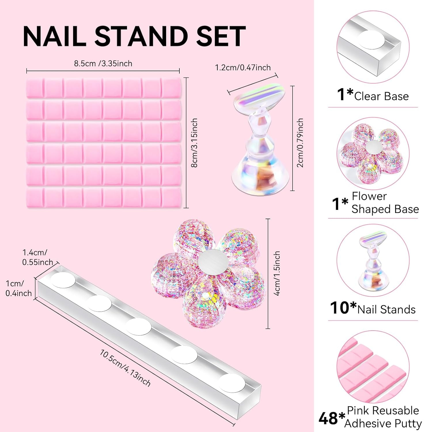 Makartt Porte-ongles en acrylique, Porte-ongles magnétique, Porte-ongles, Porte-ongles rose transparent avec 48 mastics adhésifs