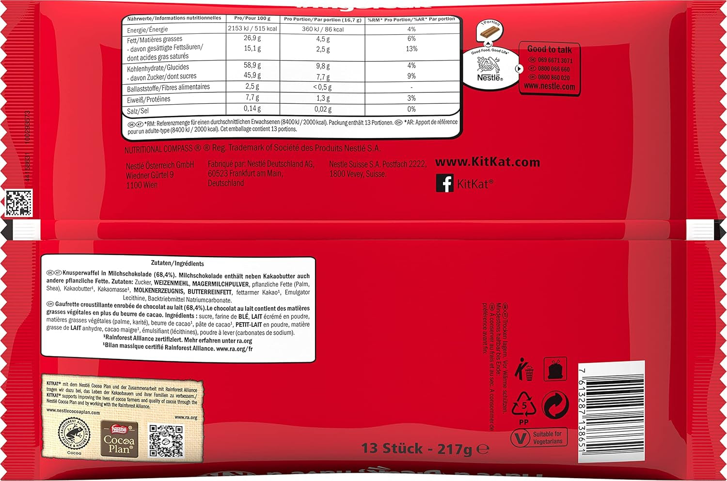 Nestlé Mini barres de chocolat gaufrettes croustillantes au chocolat au lait paquet de 3 (1 x 217 g)