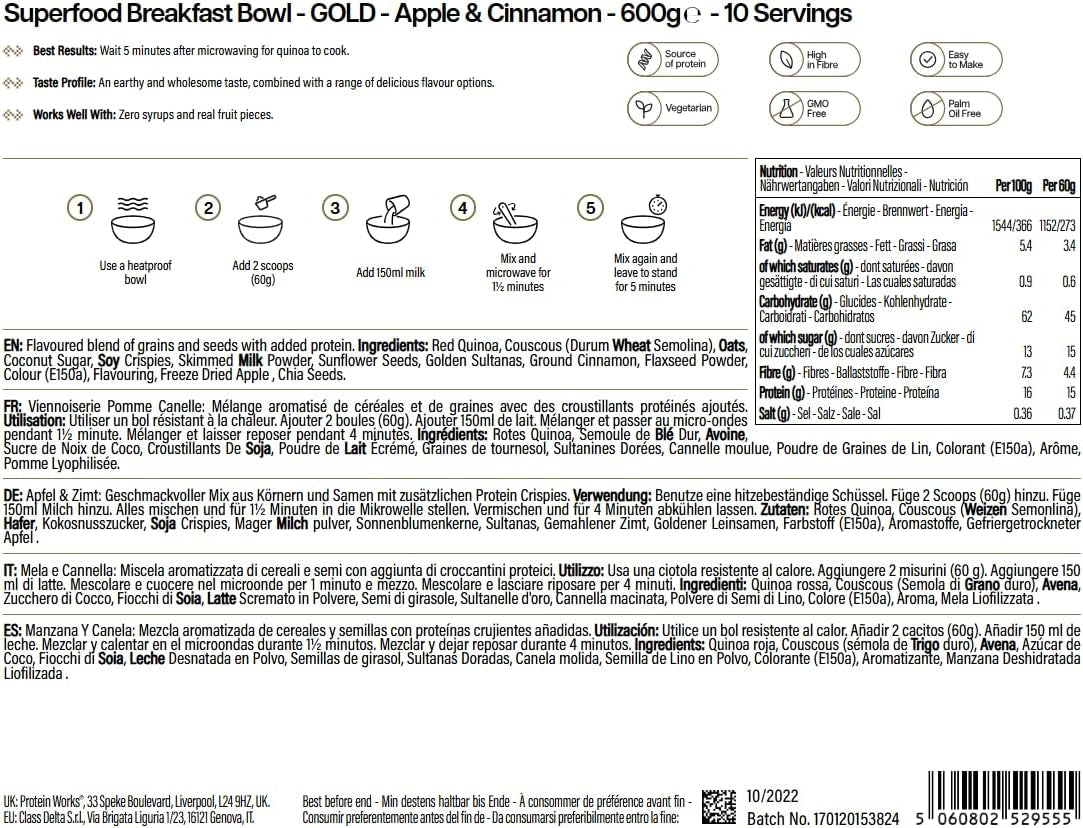 Les protéines fonctionnent | Superfood Breakfast - GOLD Innovation, céréales primées, muesli protéiné, riche en nutriments avec céréales, graines et avoine, riche en fibres, pomme et cannelle, 10 portions, 600 g