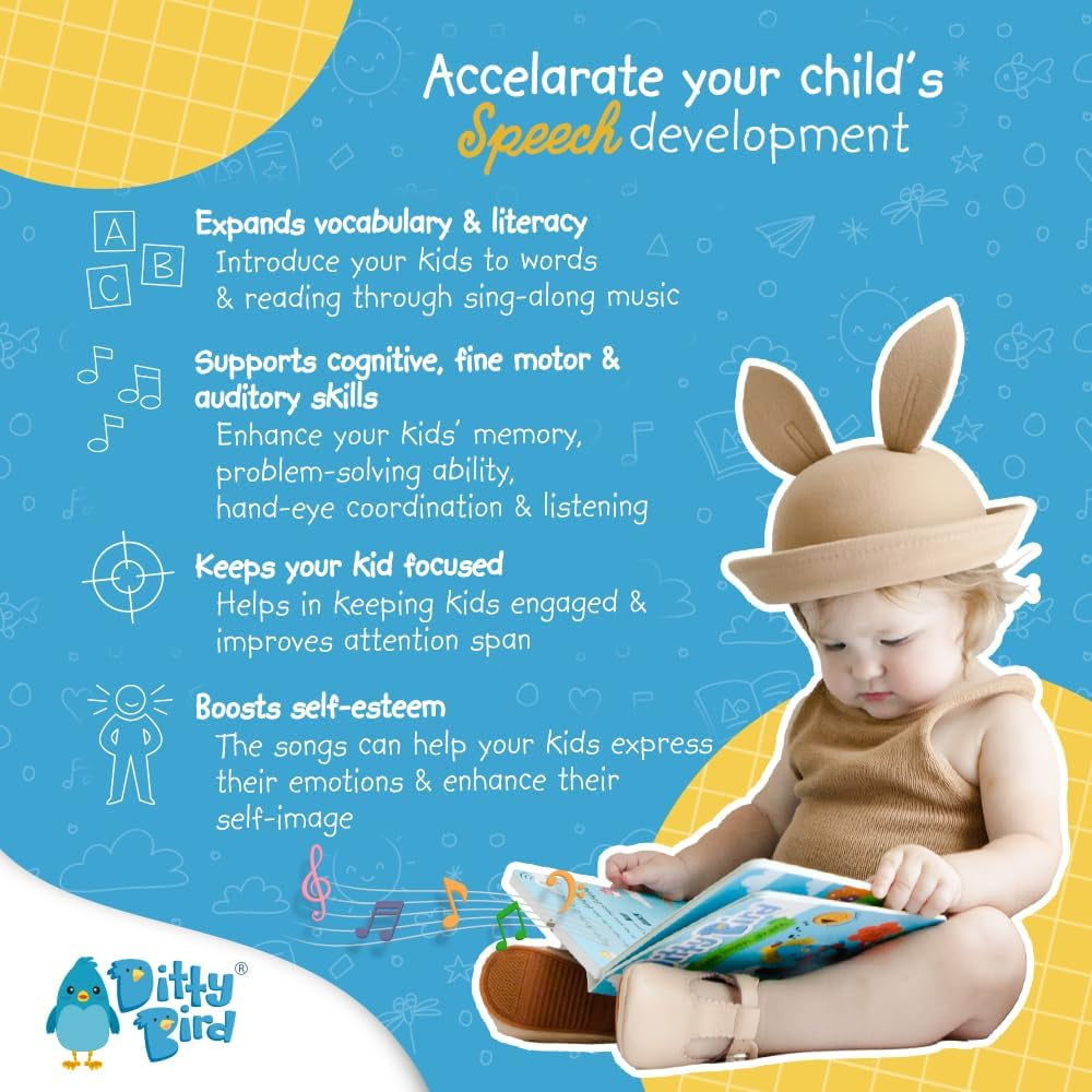 Ditty Bird Baby Nursery Rhymes - Jucărie pentru copii cu 6 butoane sonore pentru învățarea limbii engleze. Carte de cântece interactivă cu cântecele preferate. Perfectă pentru copiii bilingvi de la vârsta de 1 an. Jucarii Bebe Naty Shop