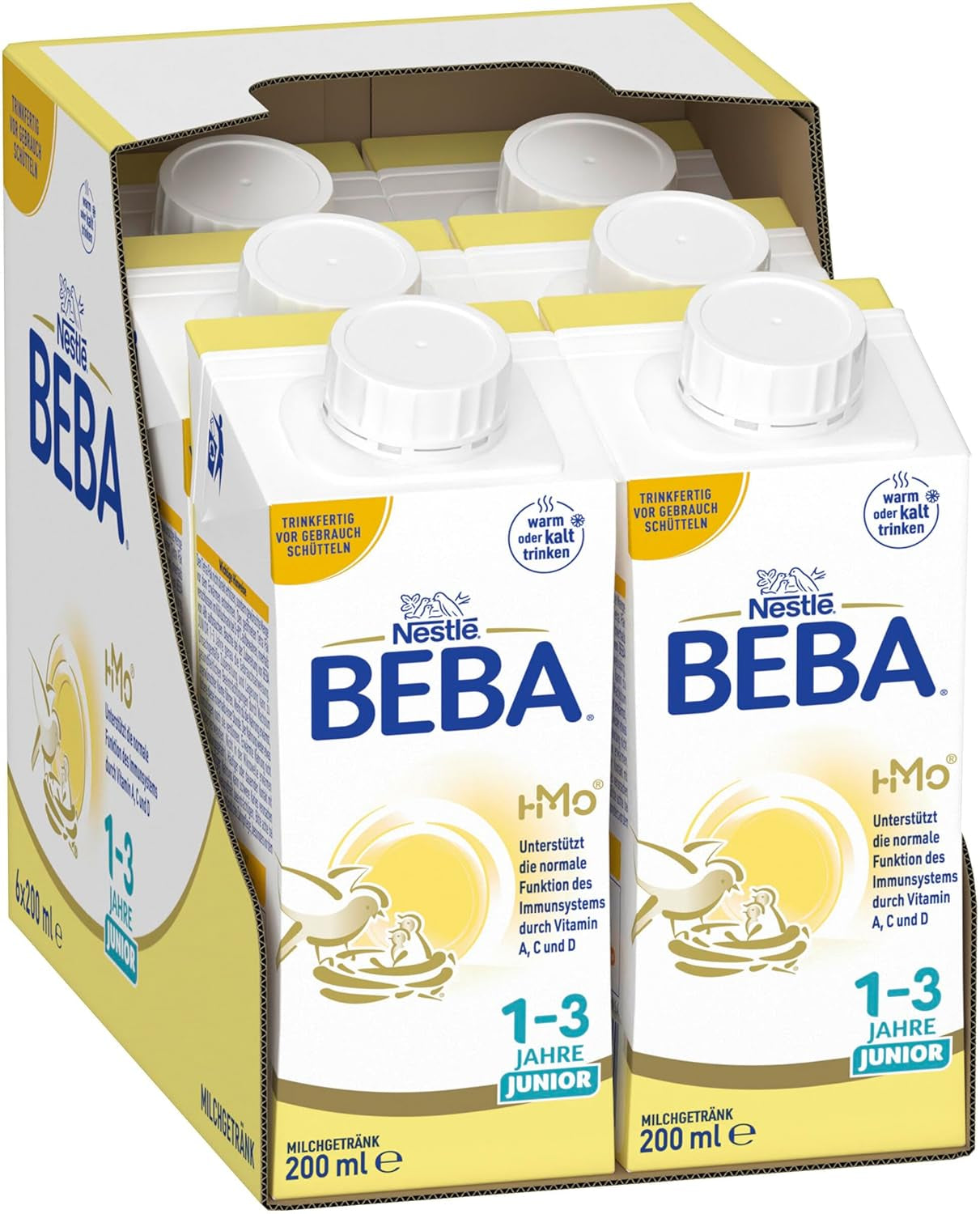 BEBA Junior Boisson lactée prête à boire 1-3 ans, avec HMO, teneur en protéines adaptée à l'âge, sans huile de palme, sans huile de poisson, nourriture pour tout-petits, paquet de 6 (6 x 200 ml)