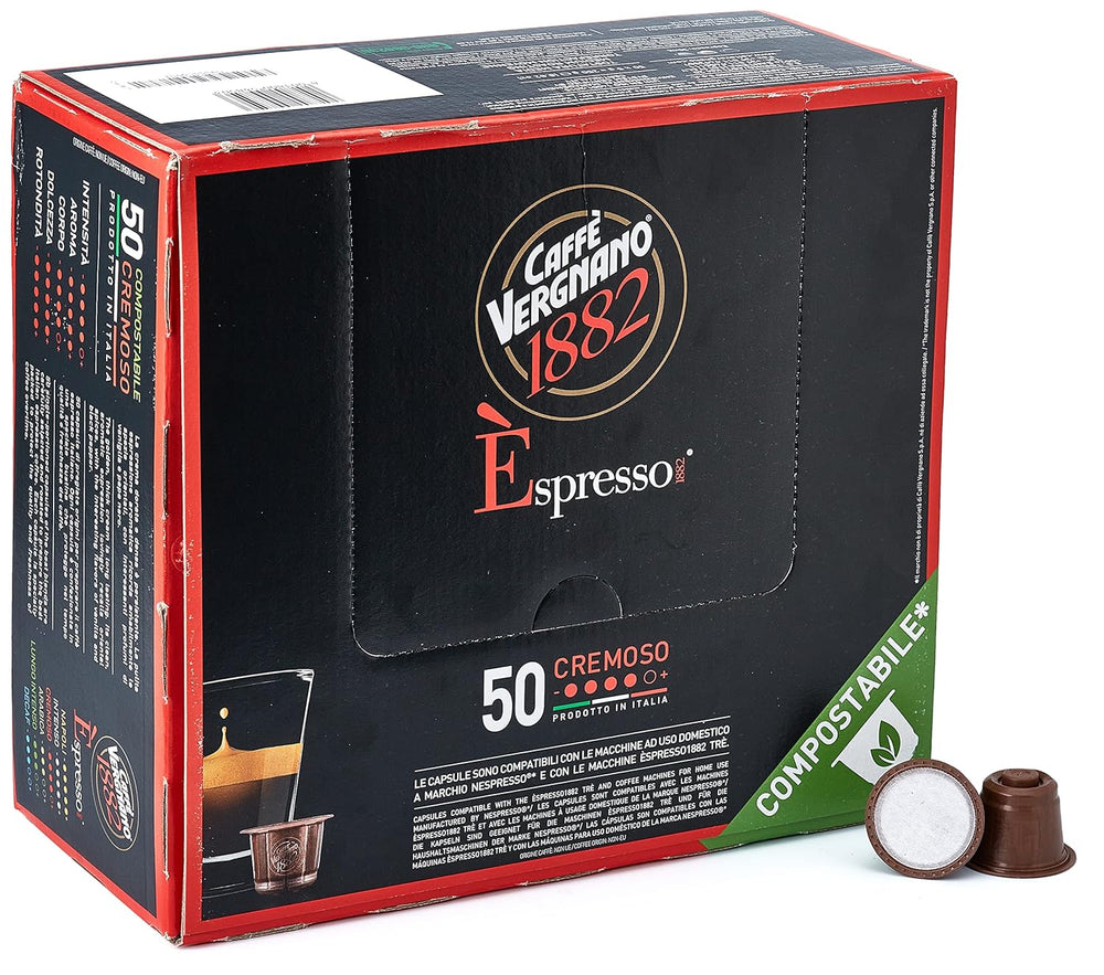 Caffè Vergnano 1882 - Èspresso Kompostierbare Kaffeekapseln, Compatible Avec Nespresso, Cremoso (Crémeux) - Packung Enthält 50 Kapseln