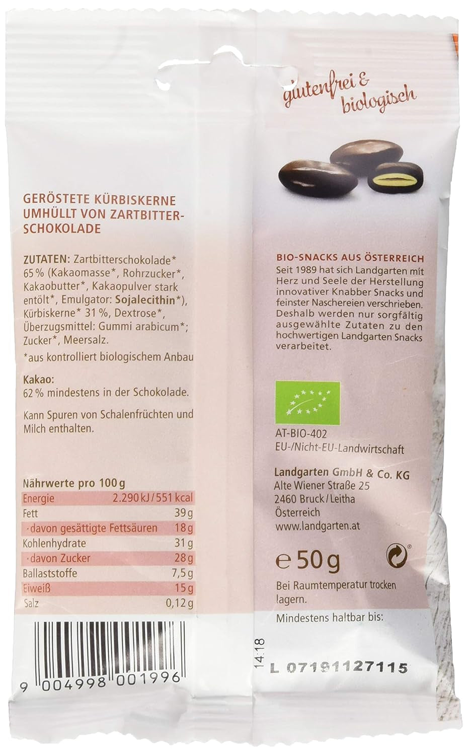 Landgarten Graines de citrouille biologiques au chocolat noir – Snack végétalien au chocolat aux graines de citrouille rôties – Source de magnésium – 1 x 50 g