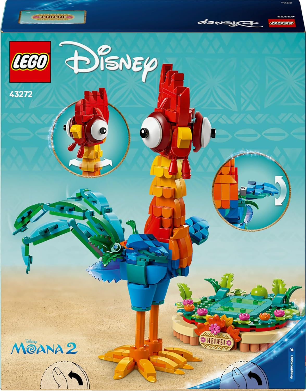LEGO ǀ Disney Vaiana 2 : Heihei Spielzeug - Figurine animale pour jouer et exposer avec tête rotative, ailes et plumes de queue mobiles et support - Cadeau pour les filles à partir de 9 ans - 43272