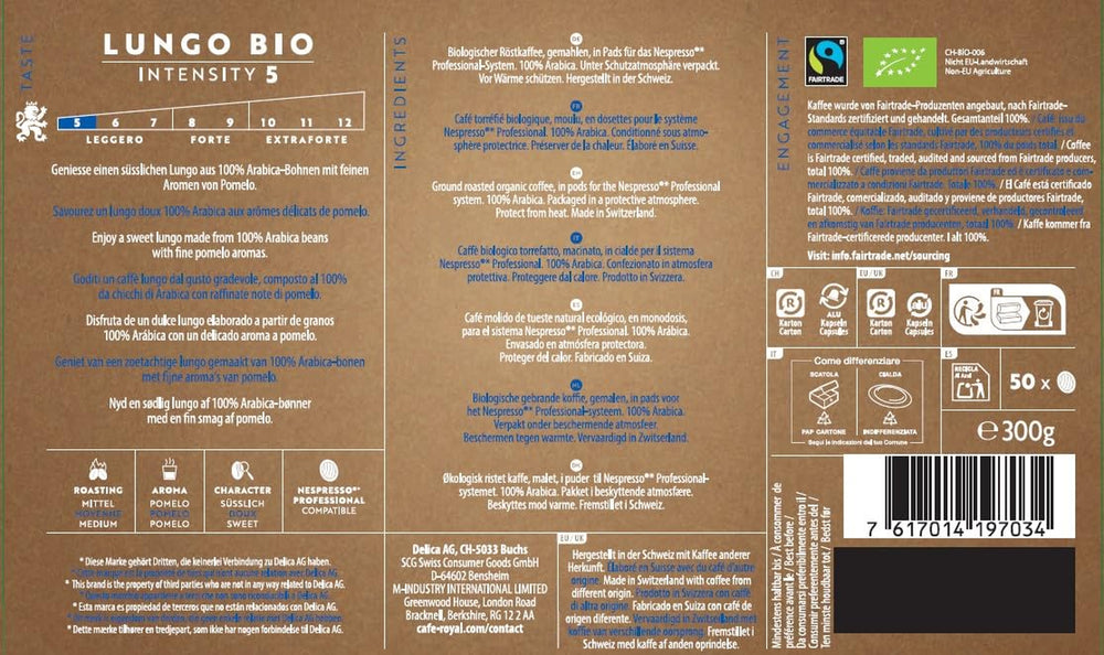 Café Royal Professional Pads, Bio Lungo, 50 Nespresso (R) Professional compatibles Pads for Office and Gastronomie, Bio et Fairtrade zertifiziert, 100 Prozent Arabica, Intensité 5