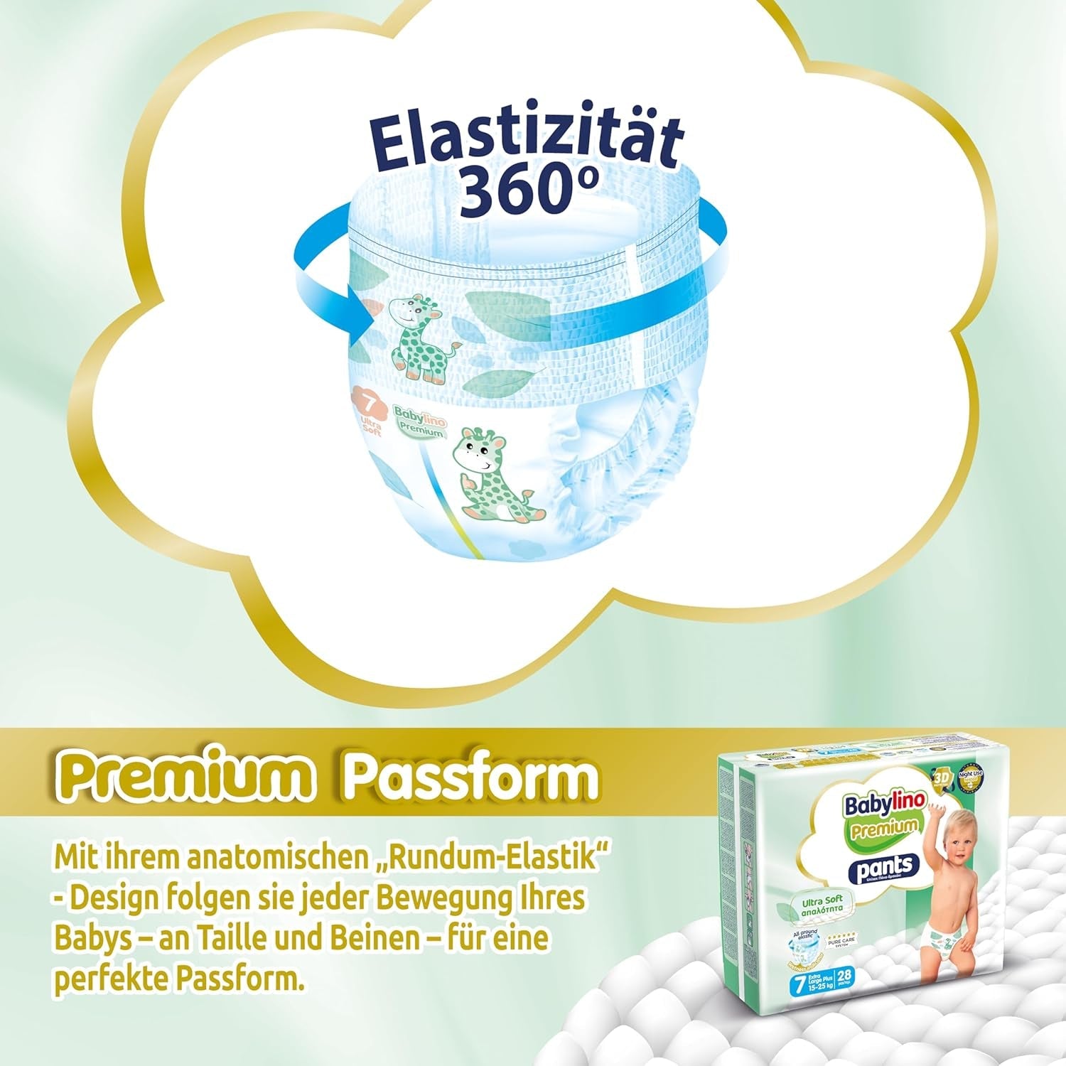 Pantaloni Premium, mărimea 7, cu filtru ultra-moale, XL Plus (15-25 kg), 28 bucăți