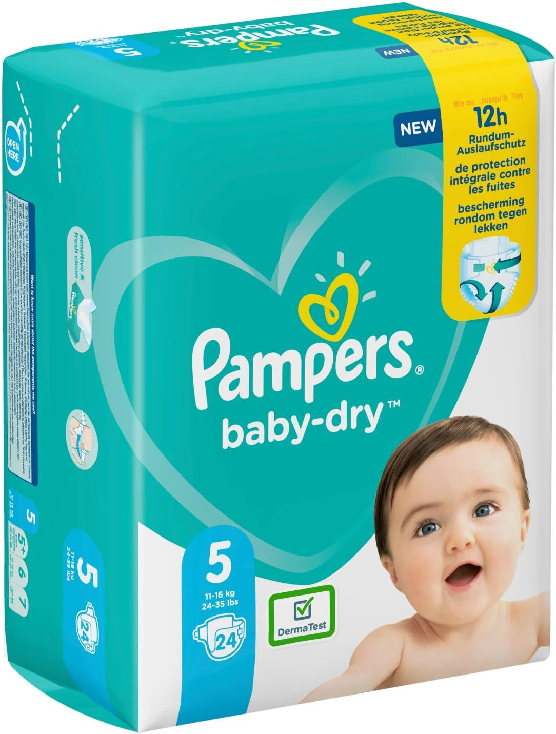 Couches Pampers pour bébés taille 5 (11-16 kg), 24 pièces, jusqu'à 12 heures de protection contre les fuites