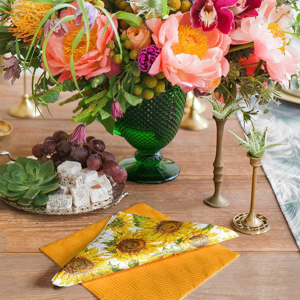 PAW - Serviettes 3 épaisseurs (33 X 33 cm) I 20 pièces I Parfaites pour les anniversaires, fêtes, rendez-vous I Décorations de table d'automne I Serviettes en papier colorées - Pétales jaunes de tournesol I Tournesol dansant