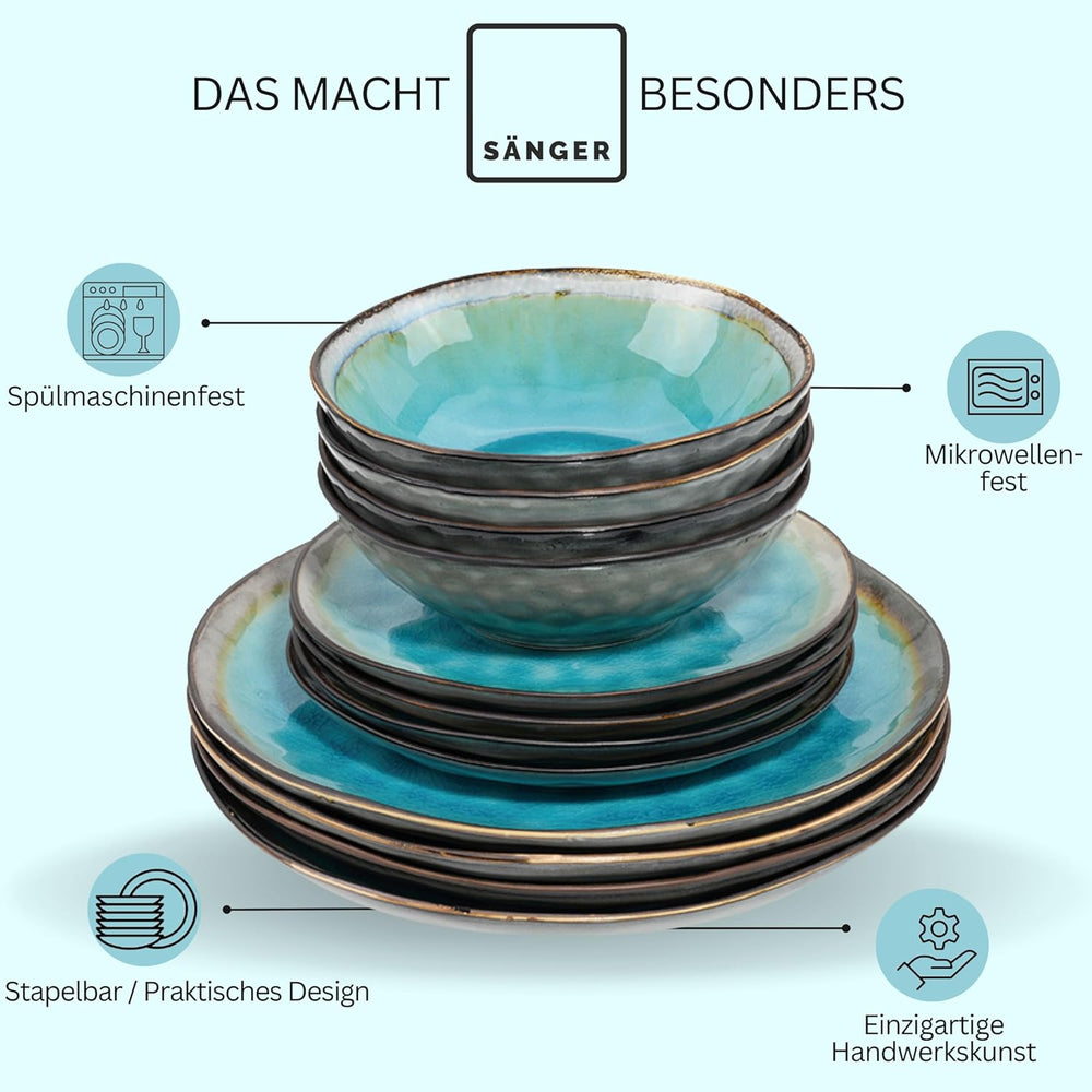 SANGER | Capri Dinnerware Service de table 12 pièces pour 4 personnes en grès comprenant des assiettes plates, des assiettes à dessert et des assiettes Suma Service de table turquoise fait à la main avec bord gris | LA COLLECTION PREMIUM
