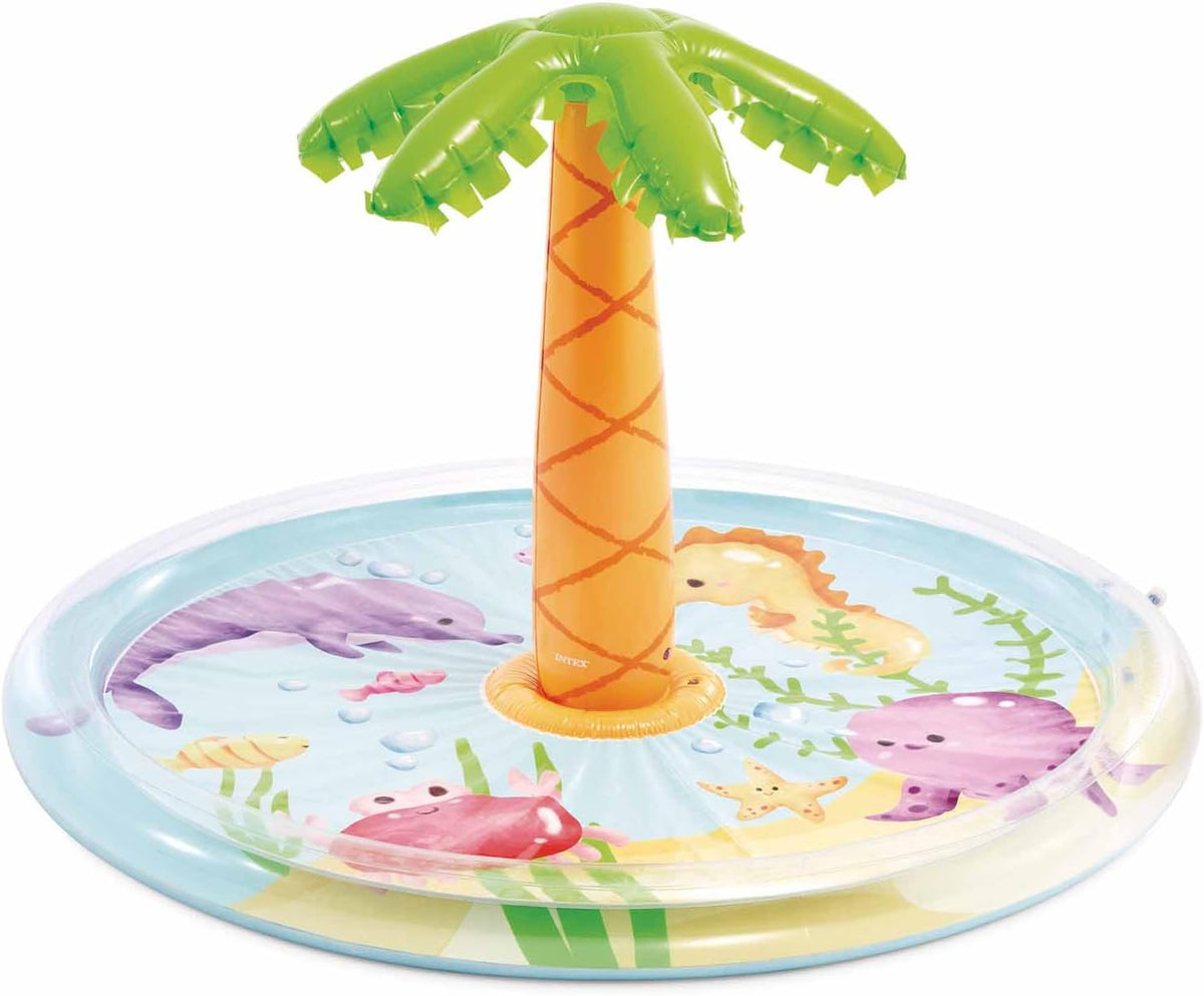 Piscine gonflable pour enfants Intex avec jet de paume, Ø 173 x 104 cm, avec pulvérisateur d'eau, raccord de tuyau, capacité 166 L, design tropical, vinyle résistant, pour enfants à partir de 2 ans (56433)