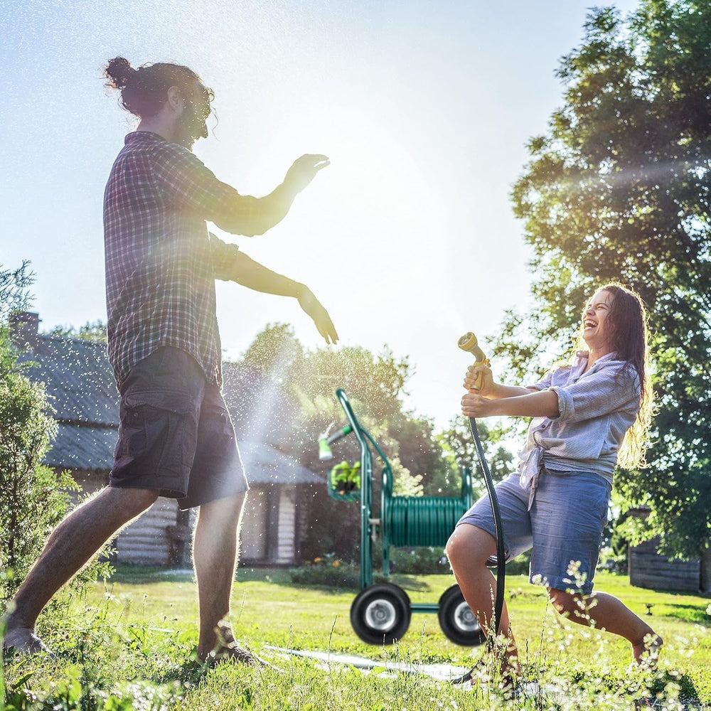 Dévidoir Relaxdays, jusqu'à 90 m, 4 pneumatiques, raccord à clic, enrouleur de tuyau en métal, distributeur de tuyau avec panier, vert