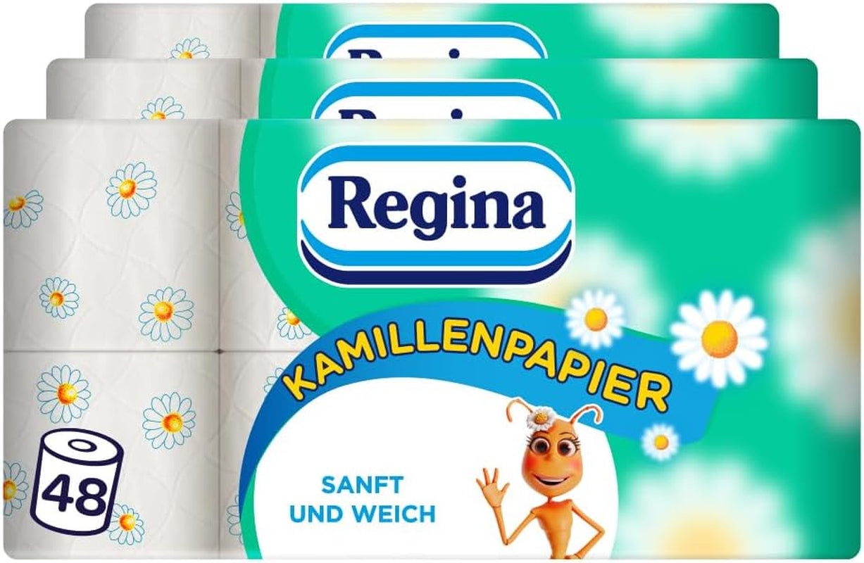 Hârtie igienică Regina Chamomile Paper 3 straturi - pachet de 16 role, 150 de foi pe rolă, moale și delicată cu aromă de mușețel și hârtie certificată Fsc