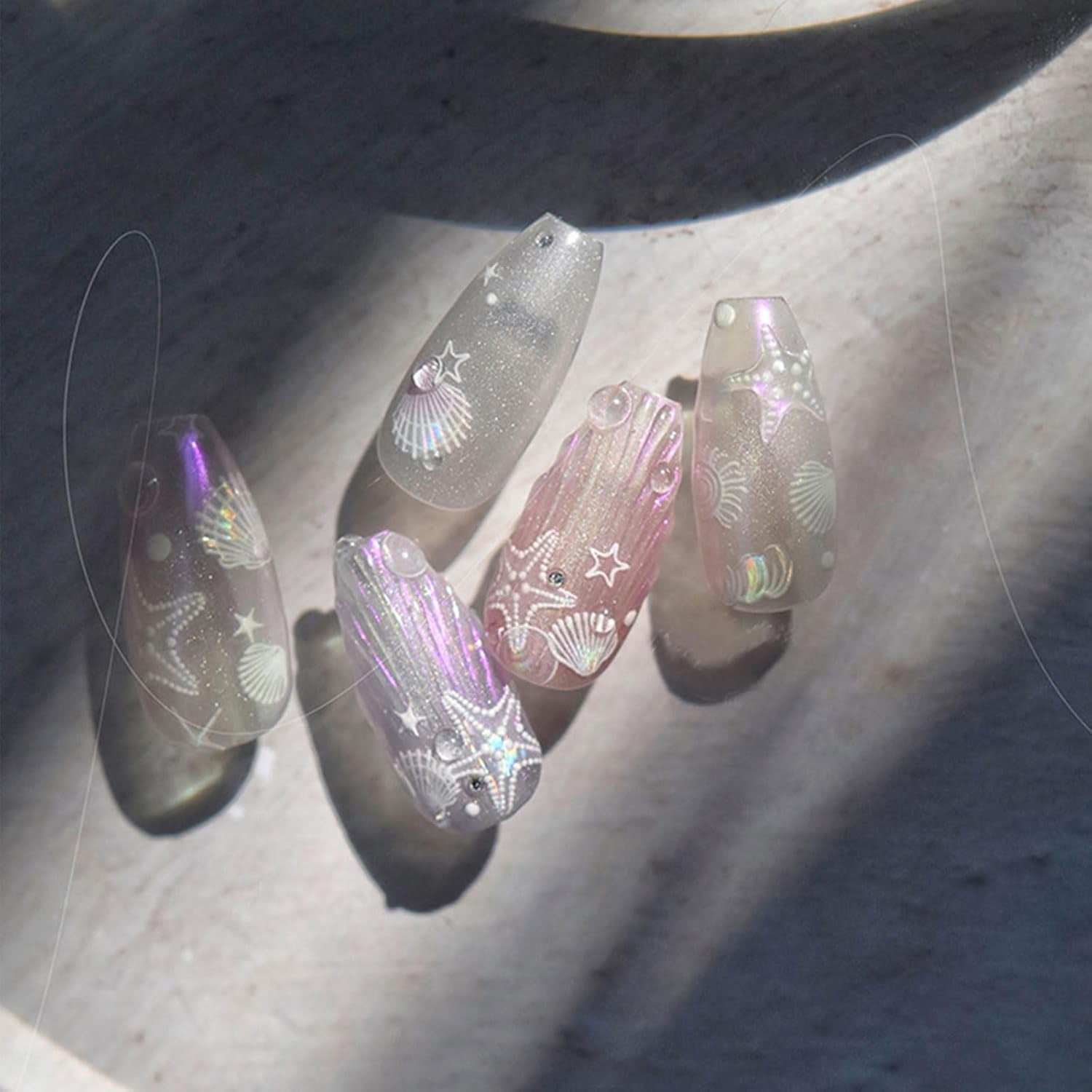 JMEOWIO Autocollant de manucure 3D Aurora Muschel Seestern Nail Art autocollant autocollant autocollant 5D stéréoscopique Ozean thème décoration Design de manucure 1 pièce