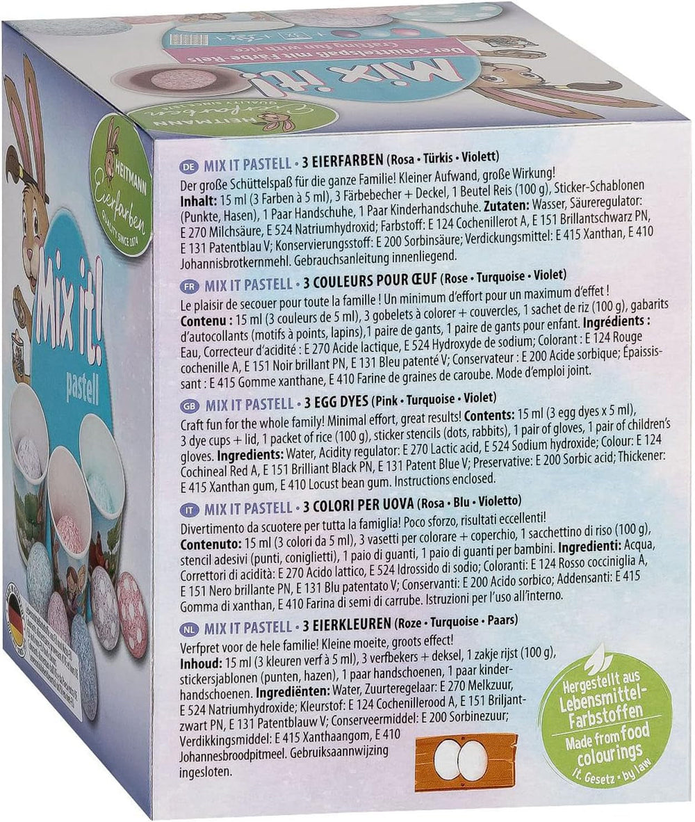 Heitmann Egg Dyes - Mix It Pastel - 3 teintures liquides pour œufs en rose, turquoise et violet, tasse, riz, pochoirs et gants - Teinture facile aux œufs