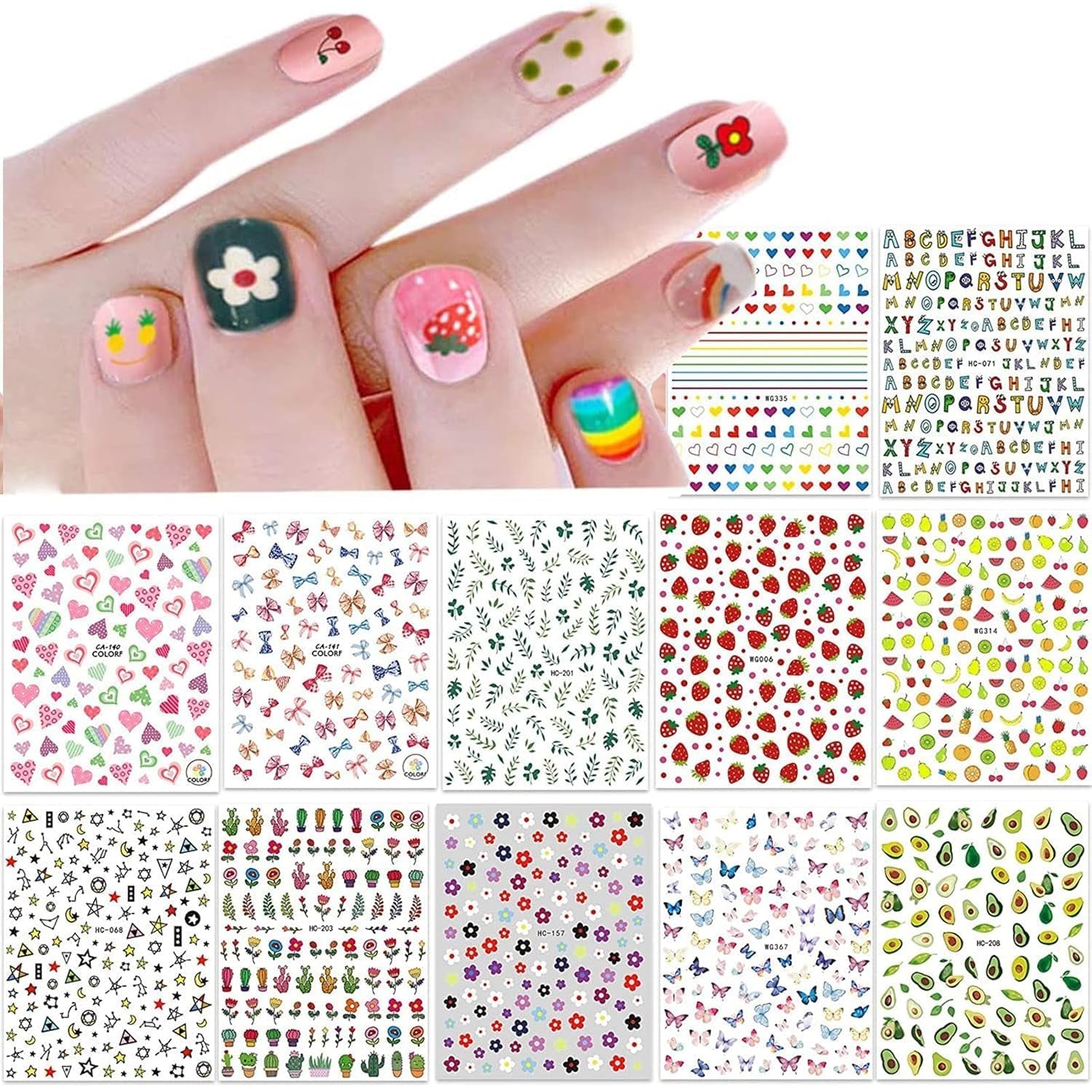 12 Blatt Nagelsticker Süß Kinder Nagelaufkleber Selbstklebend Weihnachtsblumen Blätter Tiere Pflanzen Früchte Nail Art Sticker Dekoration Nageldesign Zubehör