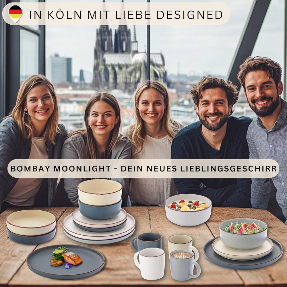 SÄNGER Bombay Clair de Lune | Service de table en céramique 12 pièces pour 4 personnes, 4 assiettes plates, 4 assiettes à dessert, 4 bols, couleurs assorties | LA COLLECTION VALEUR