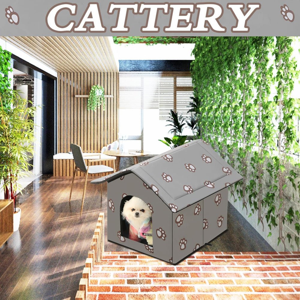 Katzenhaus für Draußen Winterfest und Wasserdicht, Faltbare Outdoor Katzenhöhle mit Abnehmbarem Kissen, Wetterfestes Tierheim für Streuner und Haustiere, Waschbar und Isoliert (Graue Katzenpfote, M)