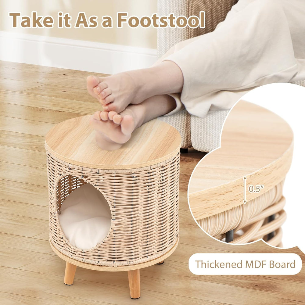 Katzenhaus Rattan, Katzenmöbel mit Holzbeinen & soft Kissen, 3 in 1 Katzenhöhle Fußhocker Nachttisch, Katzenbett stabil bis 30 kg für Wohnzimmer Schlafzimmer