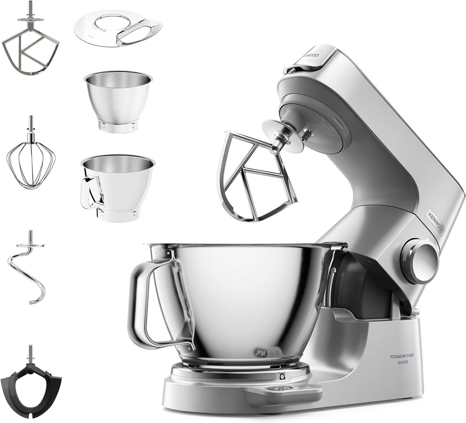 Kenwood Titanium Chef Baker KVC65.001WH, Küchenmaschine Mit Integrierter Waage, 1200 Watt, Inkl. 3-Teiligem Patisserie-Set, Spatel & Spritzschutz, Weiß Mama si Copilul Naty Shop Silber Chef Baker