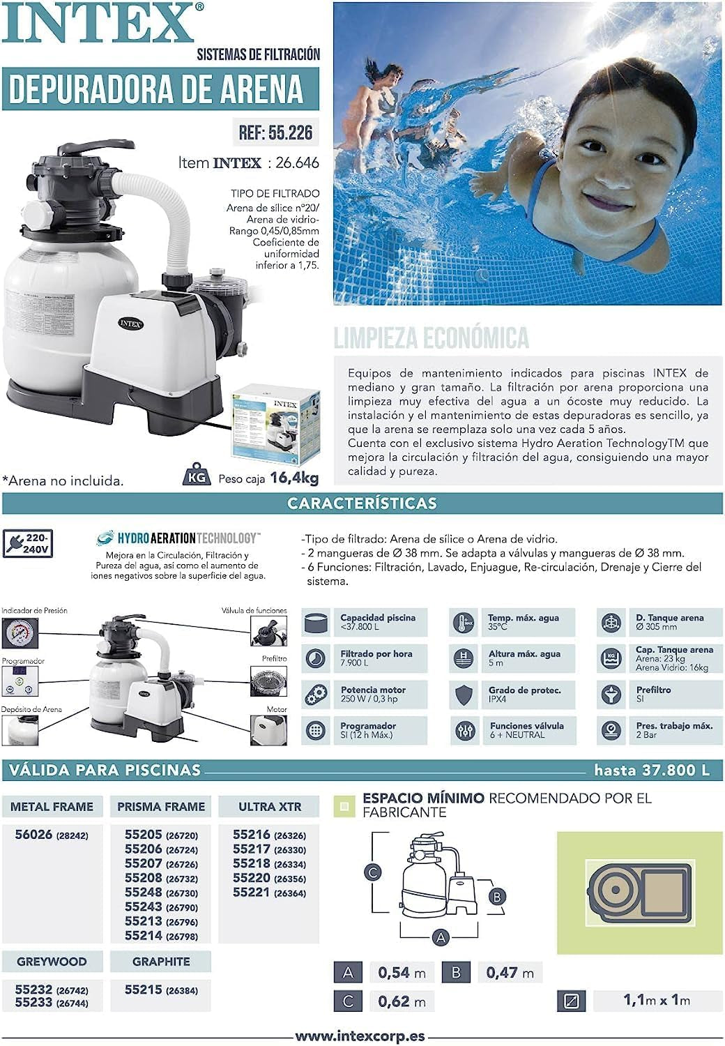 Système de filtre à sable Intex Krystal Clear 7,9 m³ pour piscines jusqu'à 36 000 l 26646