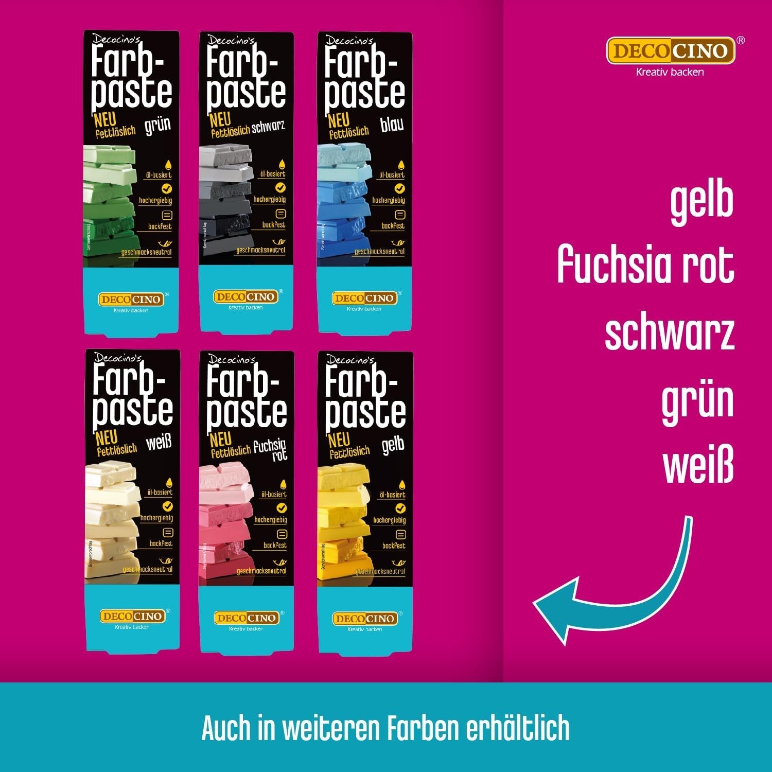 Decocino Pâte colorante liposoluble Lot de 6 - 6 x 15 g - Colorant alimentaire rouge, blanc, vert, jaune, bleu et noir, idéal pour colorer gâteaux, fondants et crèmes - Sans azoïque ni gluten