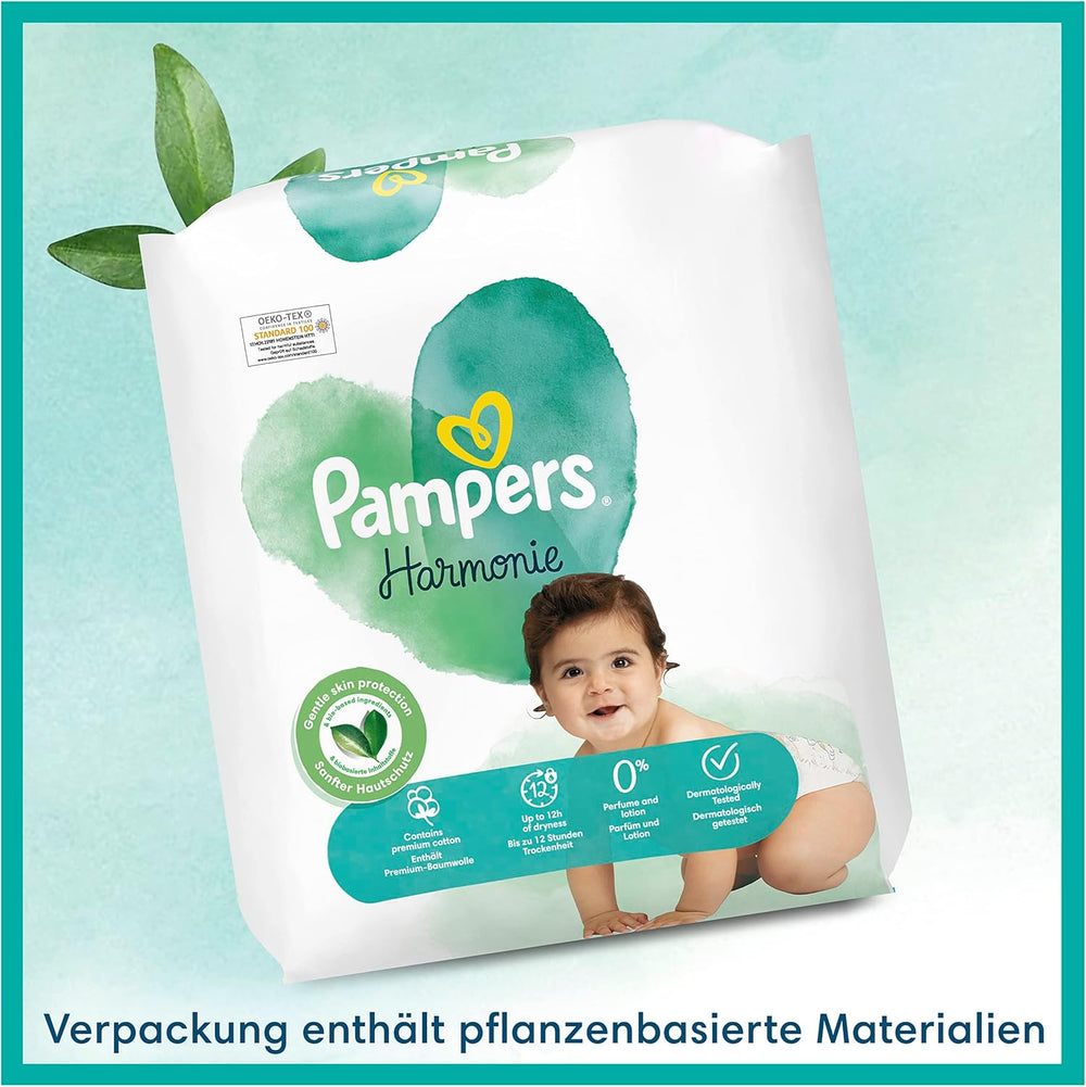Couches Pampers pour bébé, taille 2 (4-8 kg), Harmony, boîte demi-lune, protection douce de la peau et ingrédients à base de plantes, 240 unités