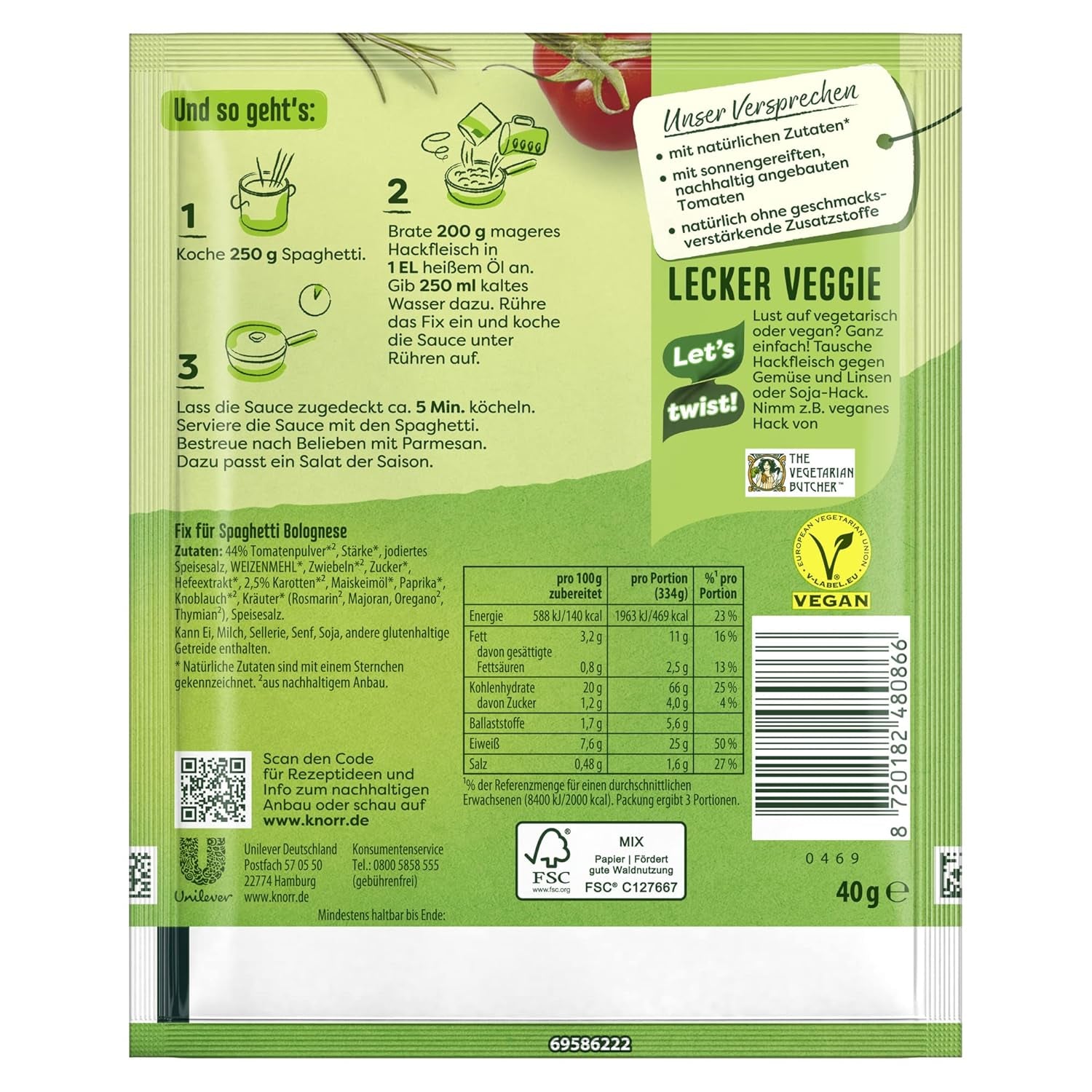 Knorr Fix Würzmischung Spaghetti Bolognese pour un délicieux plat de nouilles avec des ingrédients naturels 40 g