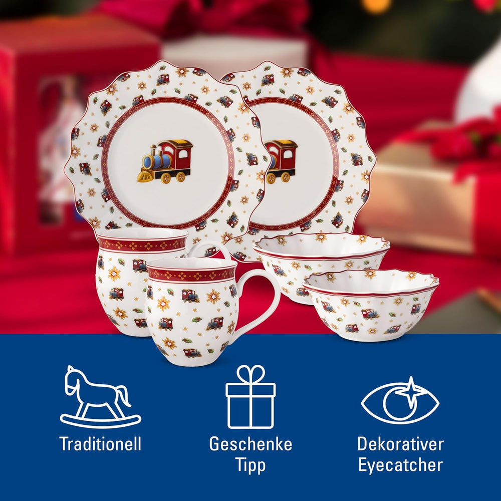 Villeroy & Boch - Toy's Delight Service de Petit-Déjeuner pour 2, Design Locomotive, 6 Pièces, Coloré, Noël, Service de Vaisselle avec Assiettes, Tasses et Bols pour Petit-Déjeuner, Vaisselle de Noël, Porcelaine Premium