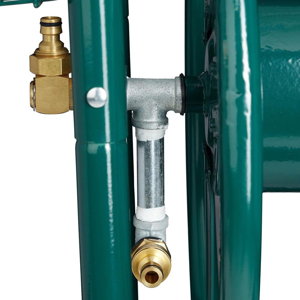 Dévidoir Relaxdays, jusqu'à 90 m, 4 pneumatiques, raccord à clic, enrouleur de tuyau en métal, distributeur de tuyau avec panier, vert