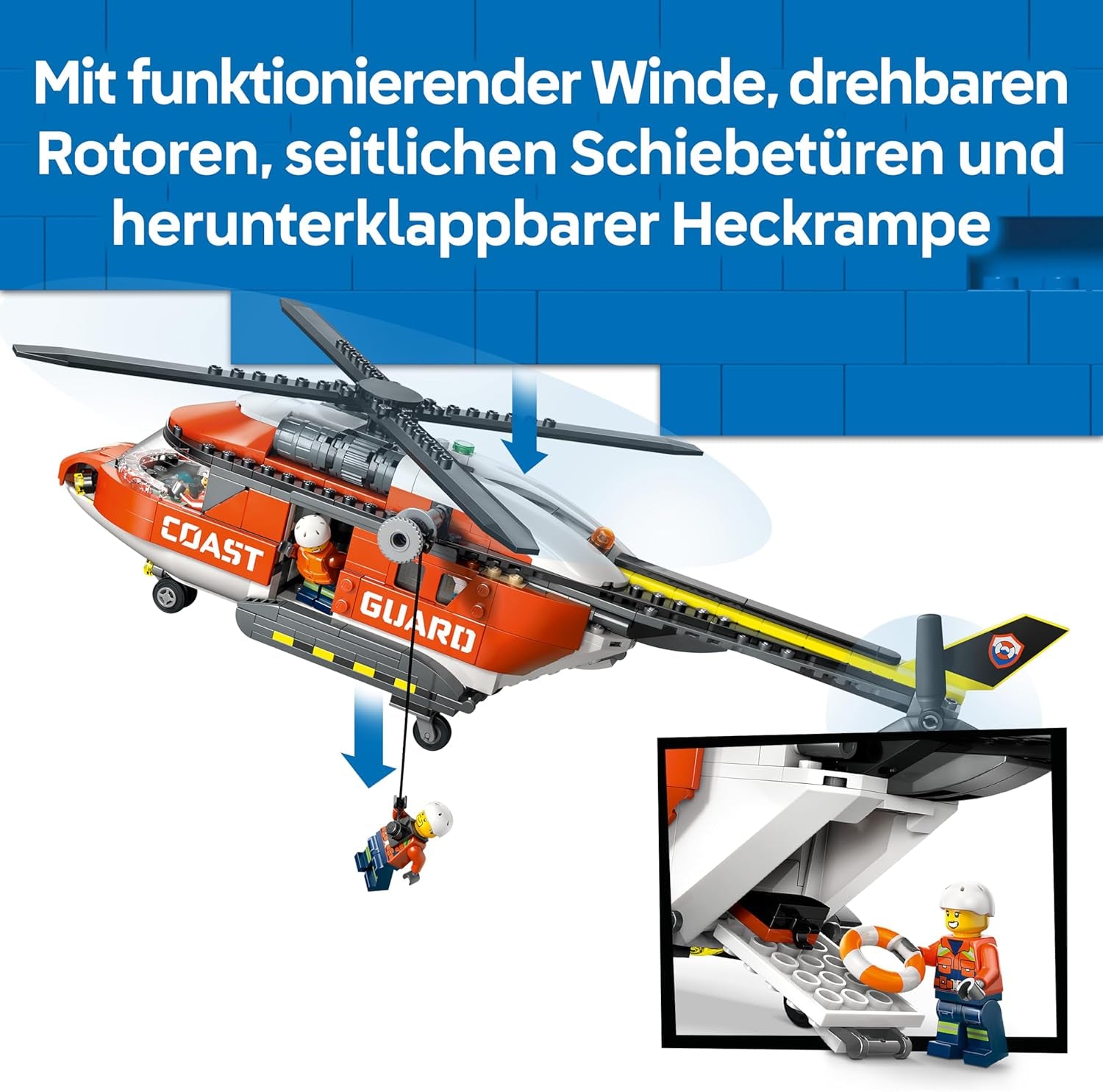 LEGO City Hubschrauber der Küstenwache - Spielzeug Einsatzfahrzeug - Modellbau mit Schiebetüren, Winche, 4 Minifiguren und Hai Figur - Geburtstagschenken für Jungen ab 7 Jahren - 60503
