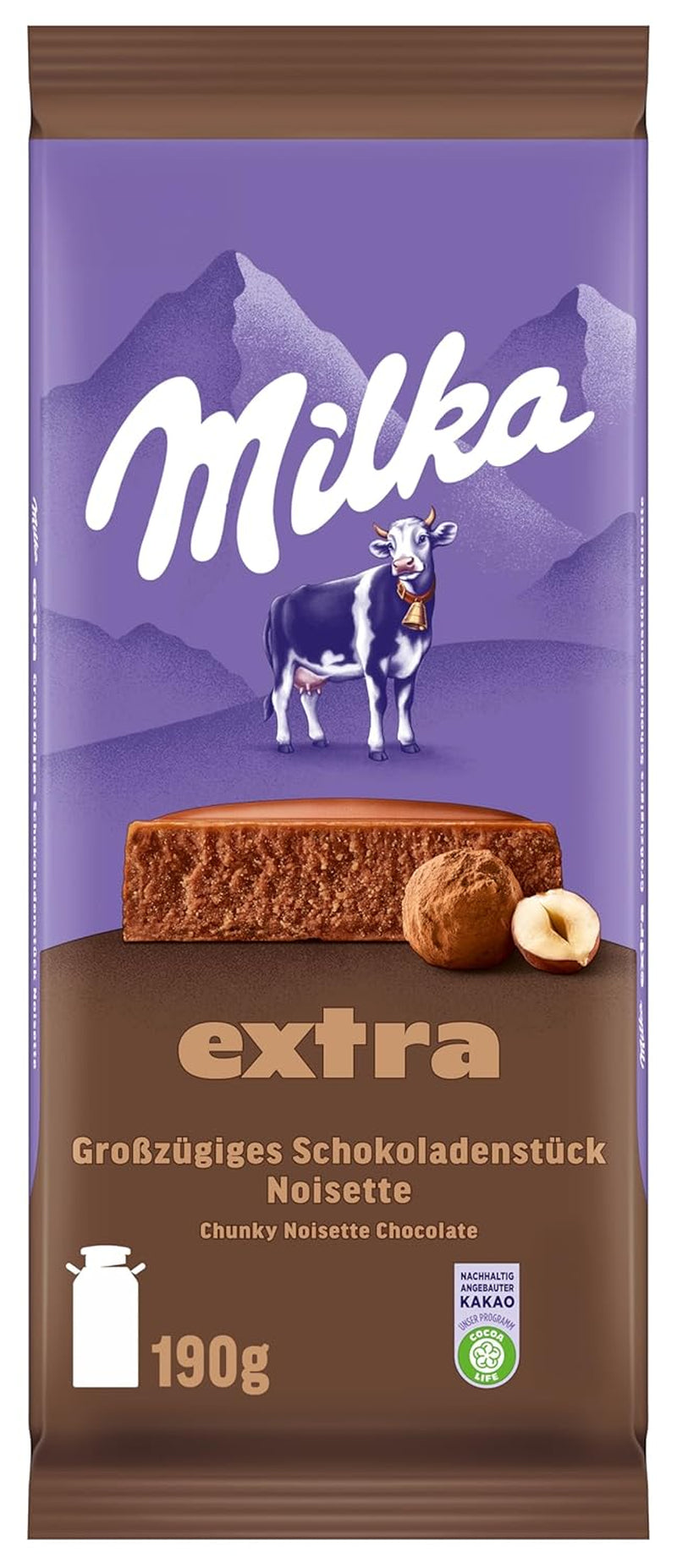 Milka Extra Noisette – Ciocolată cu lapte alpină cu umplutură delicată și cremoasă de alune de pădure – 15 x 190 g