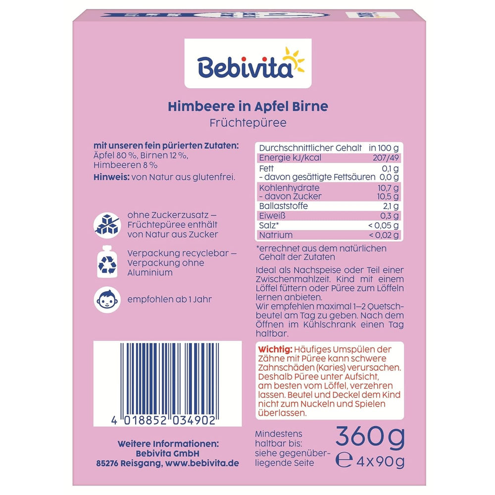 Himbeere in Apfel Birne Quetschie – 16 Stück (4er Pack, je 4 x 90g), sans sucre ajouté, sans gluten, idéal pour les repas et les collations individuelles