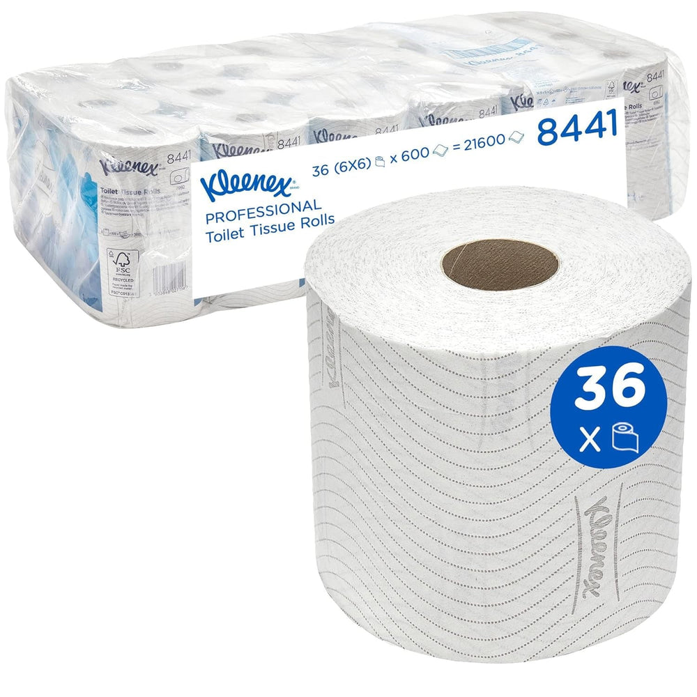 Kleenex Standard Roll 8441 Papier toilette – Papier toilette 2 épaisseurs – 6 paquets de 6 rouleaux x 600 feuilles chacun, blanc (36 rouleaux/21 600 feuilles au total)