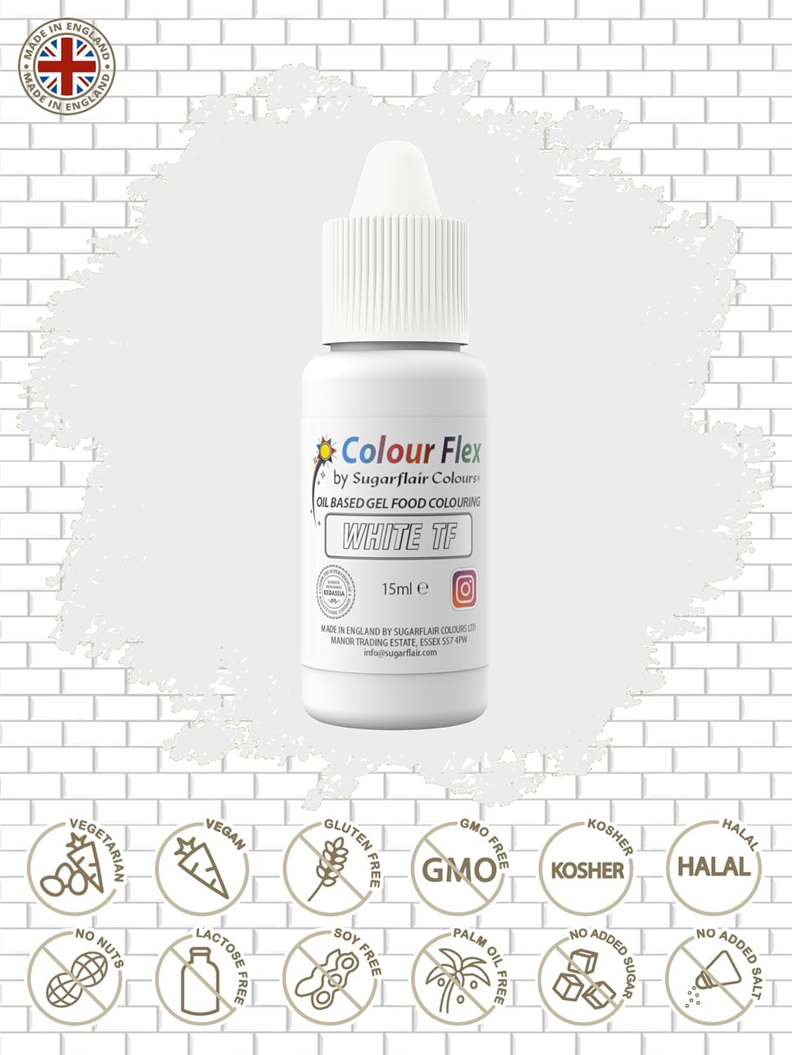 Sugarflair Colourflex Colorant alimentaire à base d'huile blanche, colorant alimentaire liquide hautement concentré, colorant alimentaire pour crème au beurre, chocolat, pâte, fondant, glaçage et plus encore - 15 ml